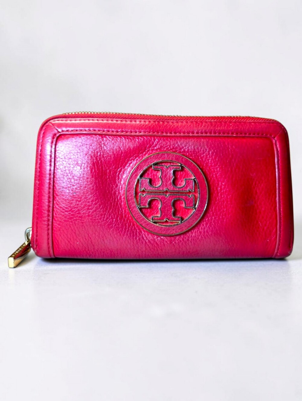 Tory Burch Red Leather Zip-Around Wallet with Logo Medallion